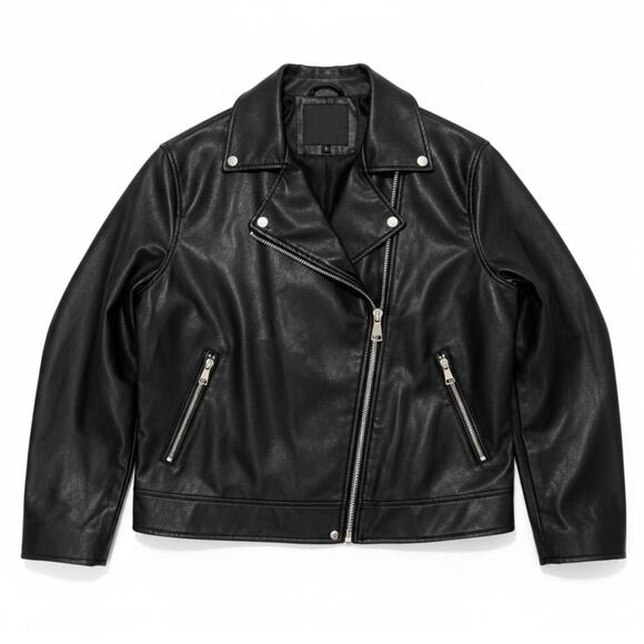 Missguided Black Faux Leather Moto Biker Jacket Black Zip Up Women 8 Edgy Winter - Picture 1 of 9